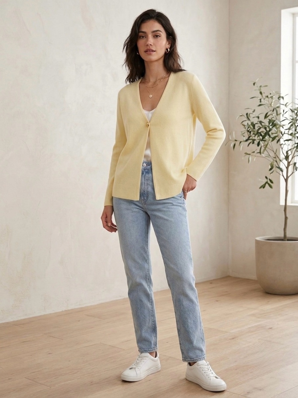 Amazon Women's Pale Yellow V-Neck Button Sweater Cardigan